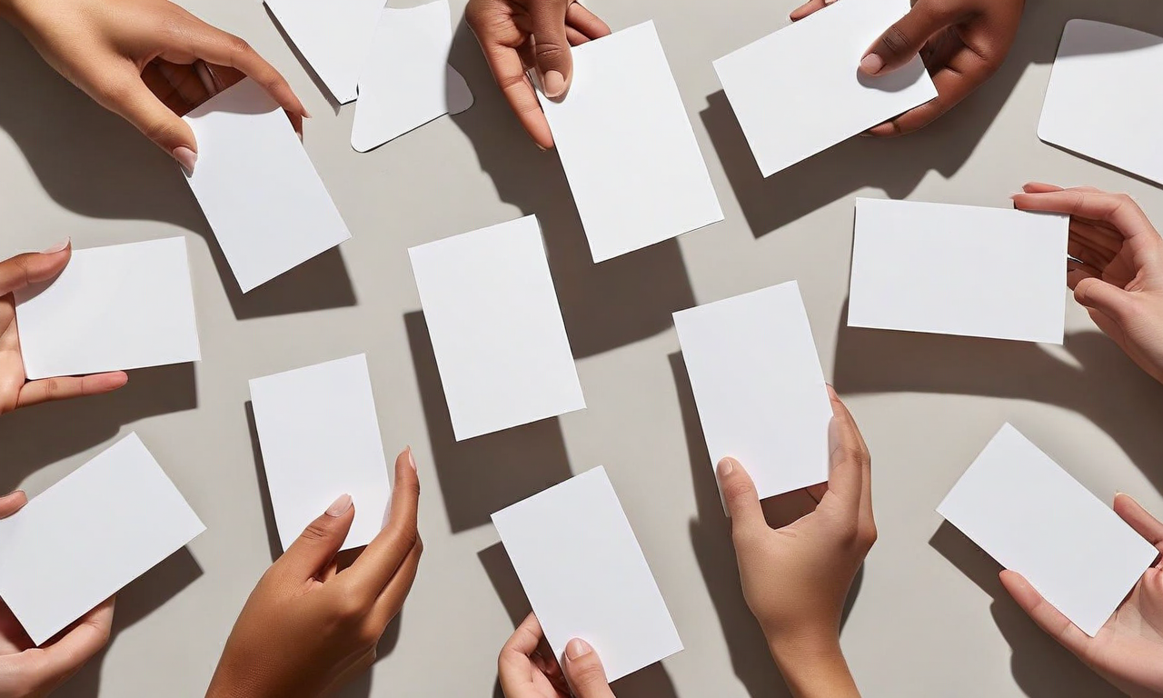 Overhead view of blank white cards arranged on a table with multiple hands reaching in to interact with them, some cards showing emerging sketches, representing collaborative game design and emergent systems