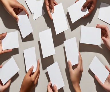 Overhead view of blank white cards arranged on a table with multiple hands reaching in to interact with them, some cards showing emerging sketches, representing collaborative game design and emergent systems