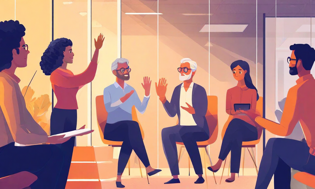 多様な背景を持つ専門家グループが現代的なミーティングスペースで心理的安全性のある環境で協働している様子。ファシリテーターが議論を導き、参加者は安心して意見を述べ、失敗から学べる雰囲気が表現されている。信頼構築の段階的プロセスが視覚的に示されており、開かれたドア、上昇する階段、相互に繋がったノードなどの象徴的要素が含まれている。