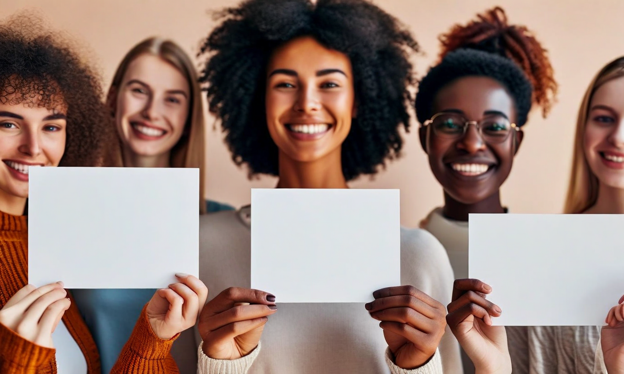 異なる背景を持つ多様な参加者が円形に立ち、それぞれシンプルな白いカードを持っている。全員がリラックスした表情で笑顔を見せており、心理的安全性と包括性が感じられる。複雑なルールや障壁がなく、等しく貢献できる環境を表現している。