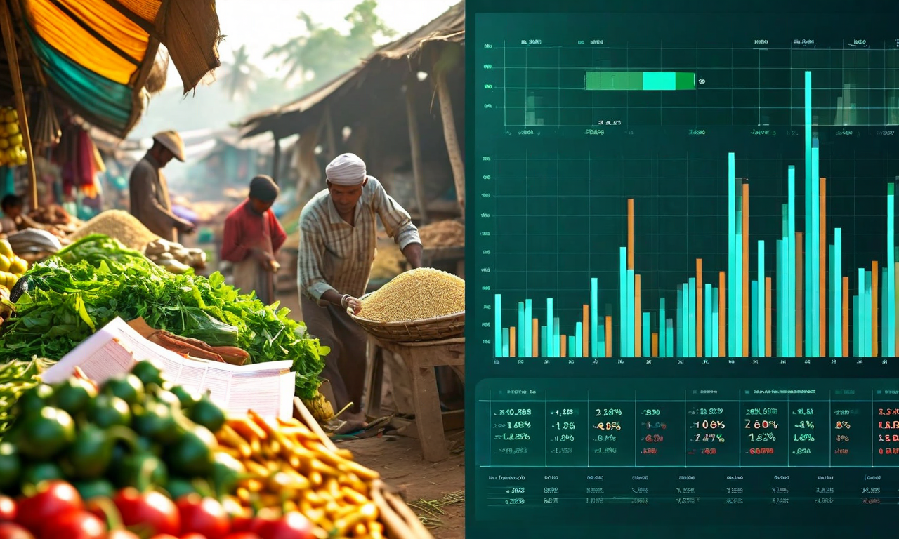 Split composition showing traditional Bangladeshi agricultural market with fresh produce and farmers on the left transitioning to modern digital price forecasting charts and data visualizations on the right, representing the evolution from manual to machine learning-based commodity price prediction