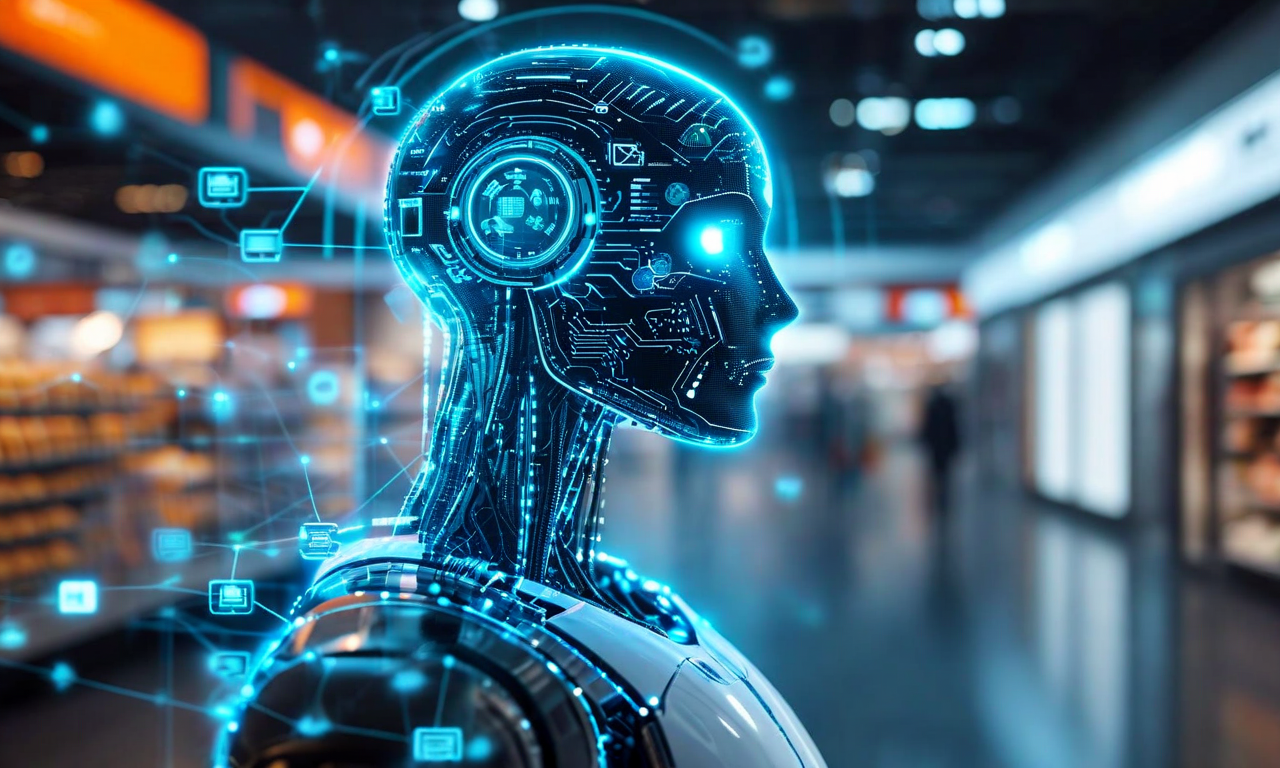 A futuristic AI shopping interface with neural network patterns surrounded by floating product icons and data streams, split between smooth blue automation flows and amber warning indicators, representing the debate over Google's AI shopping protocol