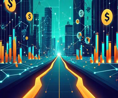 An illustration depicting a fork in the road with one path showing financial symbols and the other showing research symbols, with modern buildings in the center representing AI labs facing a choice between commercial and research directions