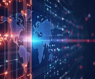 A professional business image showing semiconductor microchips and circuit patterns with geometric organizational shapes, rendered in blue and silver tones with a world map backdrop, representing the US semiconductor industry's leadership transitions and geopolitical challenges in 2025