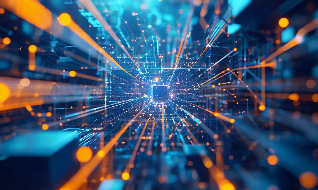 2025年の米国半導体市場における複合的課題を表現した抽象的ビジュアル。複数の半透明な幾何学的レイヤーが青、琥珀色、銀色で重なり合い、リーダーシップ交代、規制の不確実性、地政学的制約、AI需要の加速といった相互に関連する課題を象徴している。中央には収束するデジタルパスウェイと発光するノードが配置され、動的な緊張関係を表現している。