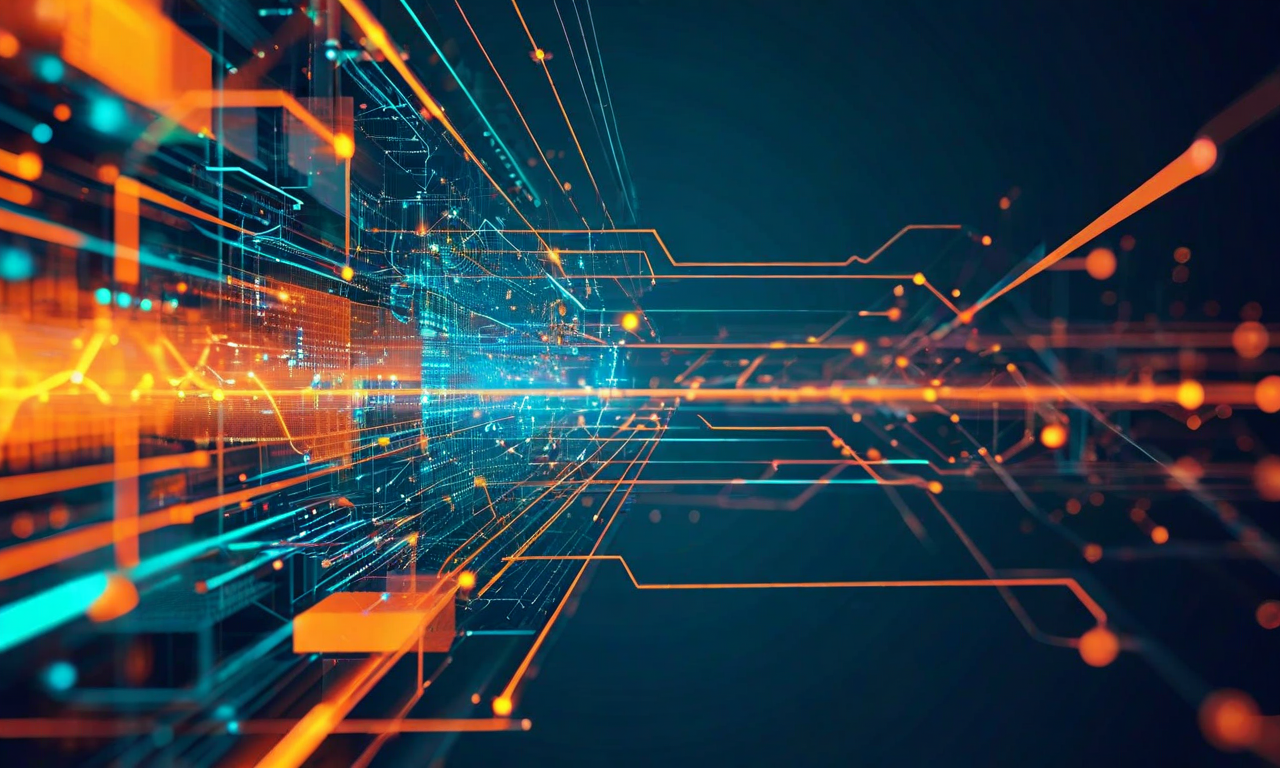 従来の効率重視の運用(左側:直線的で硬い構造)からレジリエンスファースト・オペレーション(右側:柔軟で相互接続されたネットワーク)への転換を表現した抽象的なビジュアル。中央の遷移ゾーンでは両者の要素が融合し、冗長性と適応性の概念が視覚化されている。