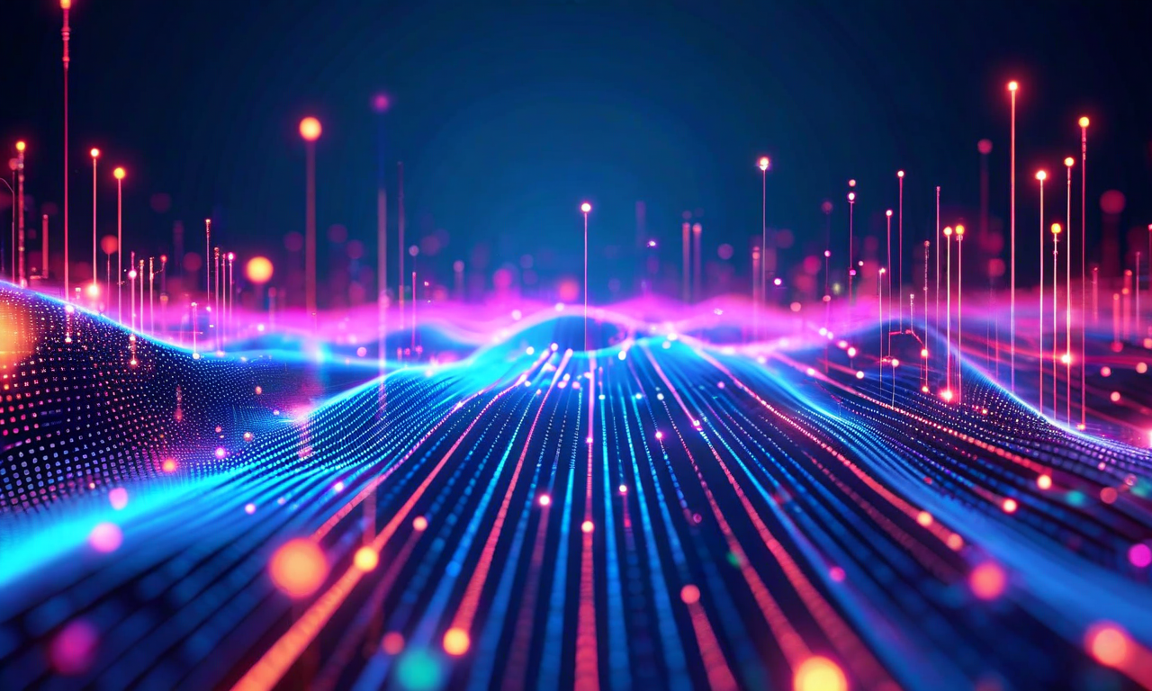 AdaFRUGALの適応的制御メカニズムを示す抽象的なビジュアライゼーション。リアルタイムで監視される勾配情報が中央を流れ、訓練の進行に応じてサブスペース比率と更新頻度が動的に調整される様子を表現。青からシアンへの色グラデーションが損失関数の改善を示し、相互接続されたノードと発光するパスウェイが自動化による効率化を象徴している。