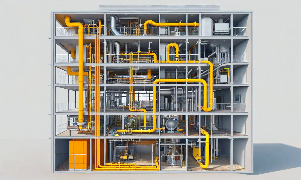 Technical cross-section illustration of a multi-story commercial building showing internal gas pipeline infrastructure and ventilation systems, highlighting potential points of structural stress and gas accumulation in a professional, analytical style