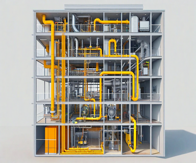 Technical cross-section illustration of a multi-story commercial building showing internal gas pipeline infrastructure and ventilation systems, highlighting potential points of structural stress and gas accumulation in a professional, analytical style