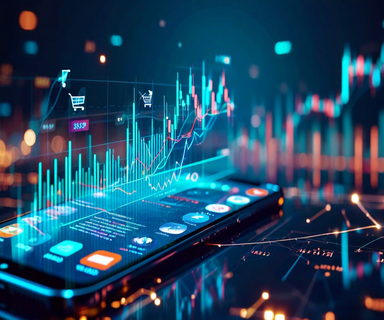 Split-screen business illustration showing an upward financial graph merging with a smartphone displaying digital payment interface, representing fintech profitability and buy-now-pay-later services