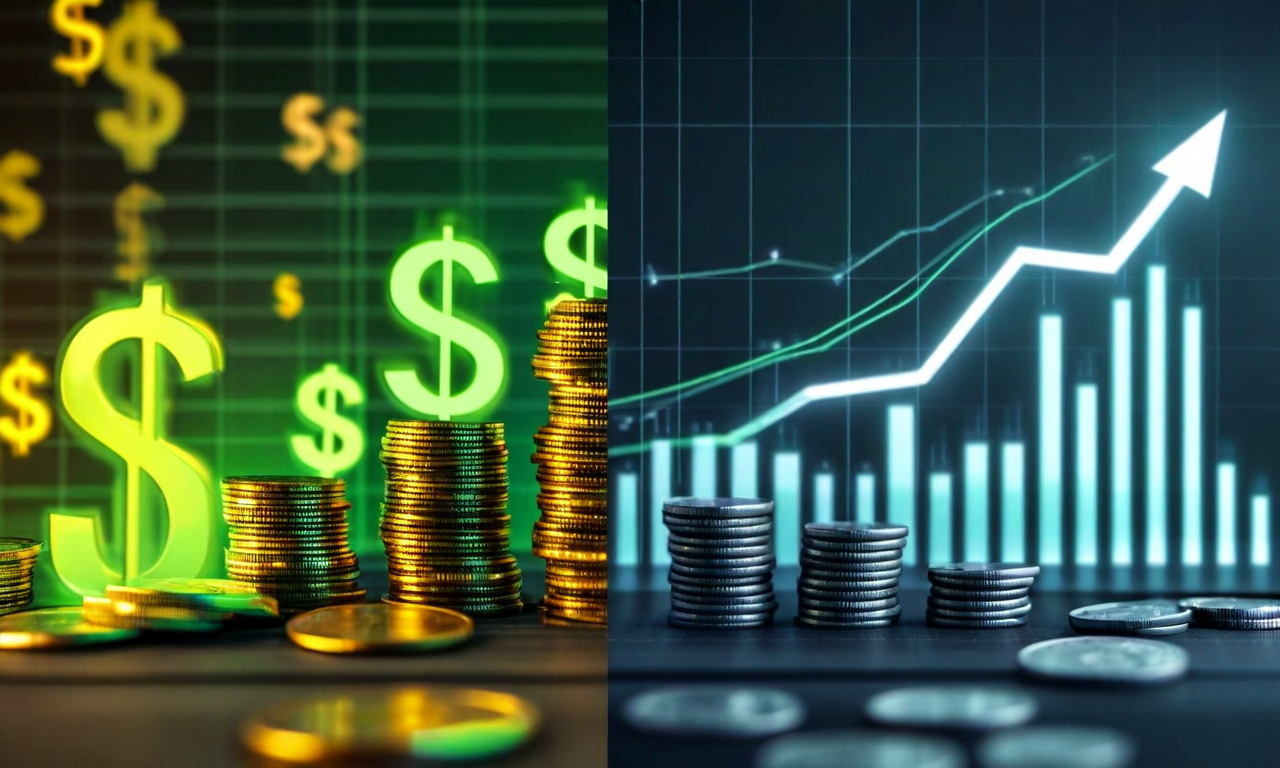 Split-screen visualization contrasting prosperous early 2000s digital advertising revenue with declining 2024 publisher earnings, showing upward graphs transitioning to downward trends