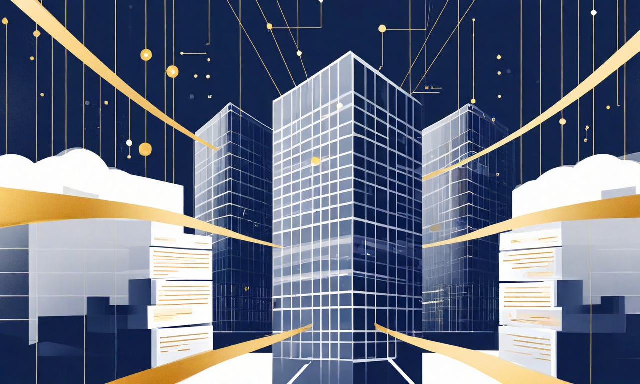 Three financial institution buildings connected by flowing lines converging at a central coordination point, with document streams flowing between them, representing the Shared National Credit examination program's lead-examiner coordination model