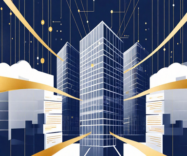 Three financial institution buildings connected by flowing lines converging at a central coordination point, with document streams flowing between them, representing the Shared National Credit examination program's lead-examiner coordination model