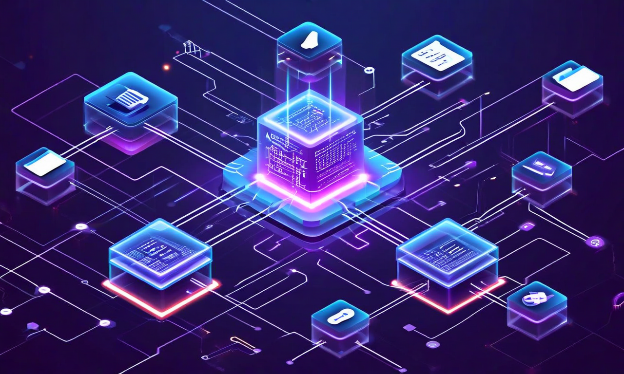 Isometric illustration of a modular AI agent system with a central neural network node connected to multiple capability modules representing web search, code execution, file management, and API integration, shown with flowing connection lines on a technical gradient background