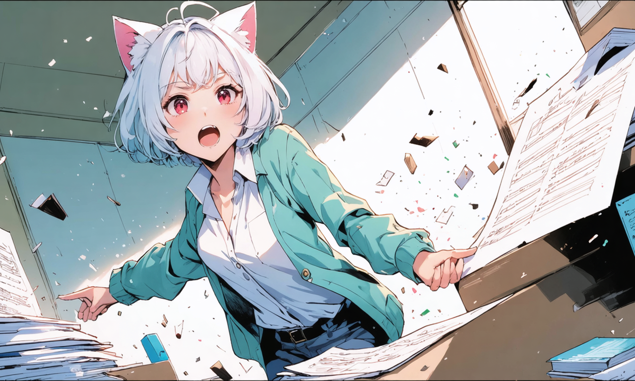 Neko-san の机に、同じ間違いを繰り返す小さなロボット生徒のワークシートがどっと積み上がり、経験が積み重ならない様子を表している。