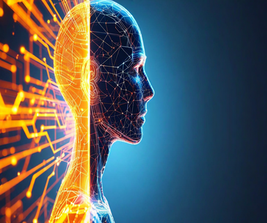 Abstract visualization showing a digital AI figure and human silhouette separated by a gap of fragmented data, representing the disconnect between artificial and authentic emotional expression