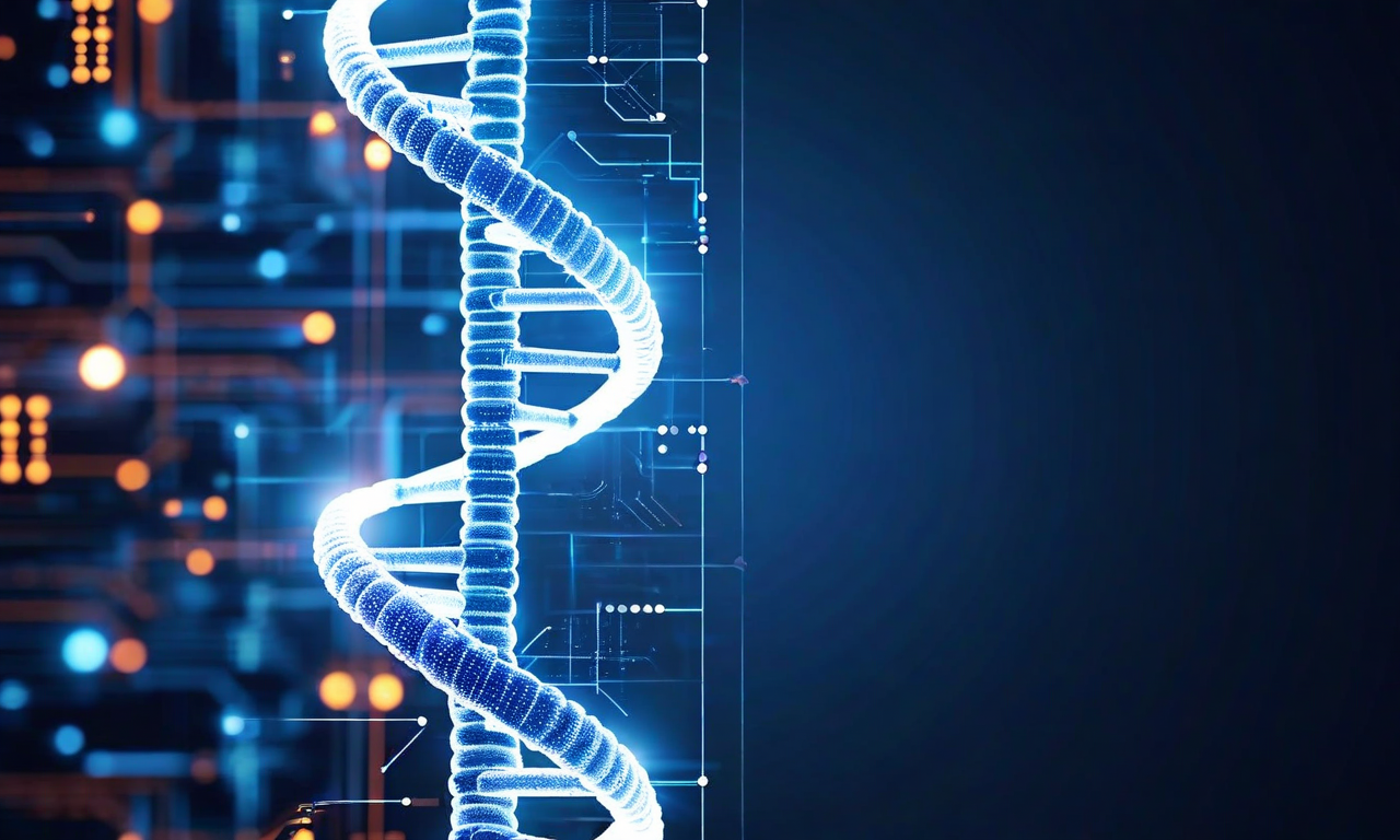DNA double helix structure merging with semiconductor microchip circuitry, representing the intersection of cancer research and computational infrastructure limitations