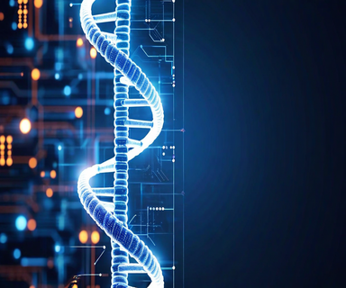 DNA double helix structure merging with semiconductor microchip circuitry, representing the intersection of cancer research and computational infrastructure limitations