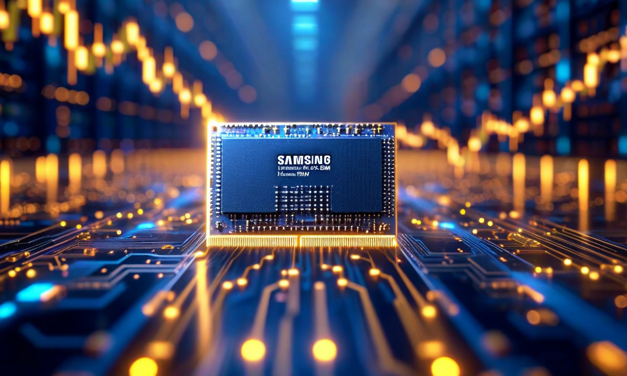 Close-up of a high-bandwidth memory chip with circuit details in the foreground, overlaid with rising graph lines and data visualization elements suggesting exponential profit growth in the semiconductor industry