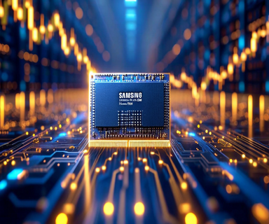 Close-up of a high-bandwidth memory chip with circuit details in the foreground, overlaid with rising graph lines and data visualization elements suggesting exponential profit growth in the semiconductor industry
