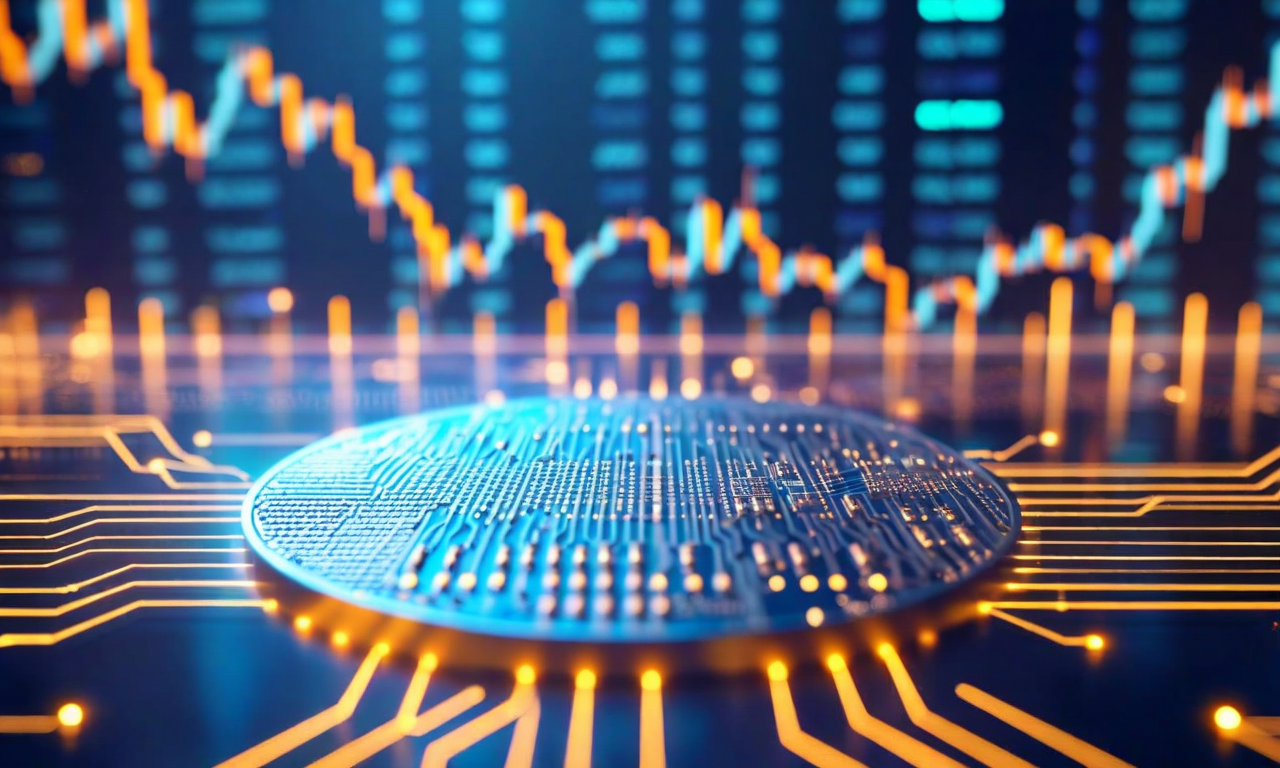 A large semiconductor wafer with detailed circuit patterns shown at an angle, with abstract financial charts rising in the background, representing Cerebras Systems' IPO and AI chip technology