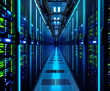Modern data center interior showing rows of GPU servers with illuminated indicators, representing specialized AI infrastructure and cloud computing hardware