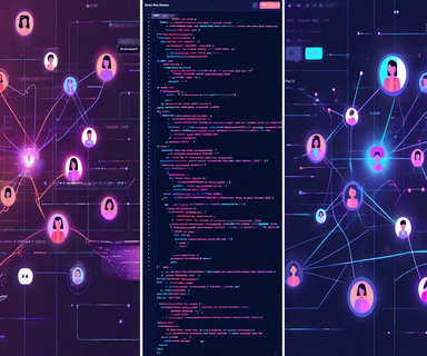 Split-screen visualization comparing traditional code version control on the left with enhanced AI-augmented code lineage tracking on the right, showing interconnected lines between code segments, developer avatars, and AI model icons