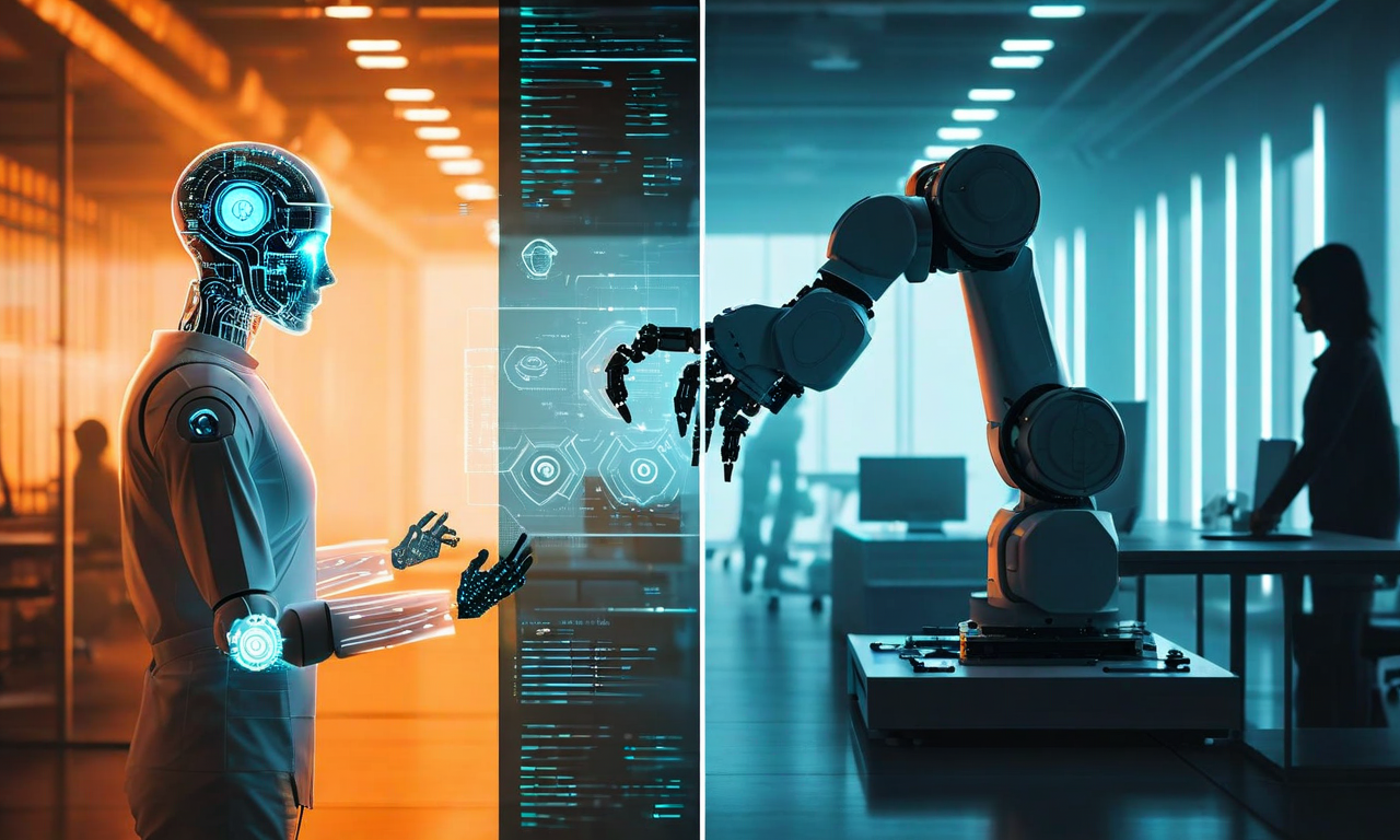 Split composition showing human-AI collaboration on one side with a person working alongside supportive AI elements, contrasted with an automated workspace on the other side where AI systems operate independently without human involvement, illustrating the difference between augmentation and replacement approaches to AI development