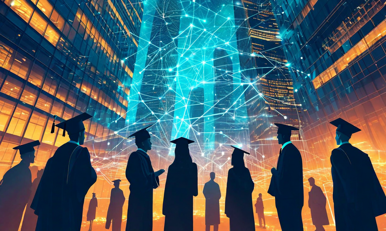 Illustration depicting AI technology as a neural network pattern compressing a landscape of office buildings, with young graduates standing below, representing the flattening effect of artificial intelligence on the graduate job market