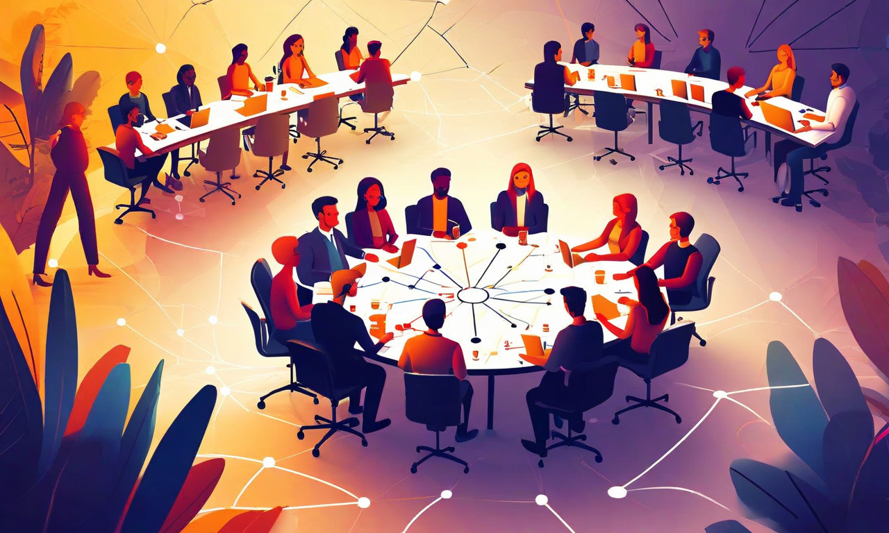 多様な背景を持つステークホルダーが円卓に着席し、積極的に対話している様子を示す専門的なイラスト。相互接続されたノード、流動的なコミュニケーションライン、透明な情報交換の視覚的要素が表現されており、包括的で開放的な民主的プロセスを象徴している。