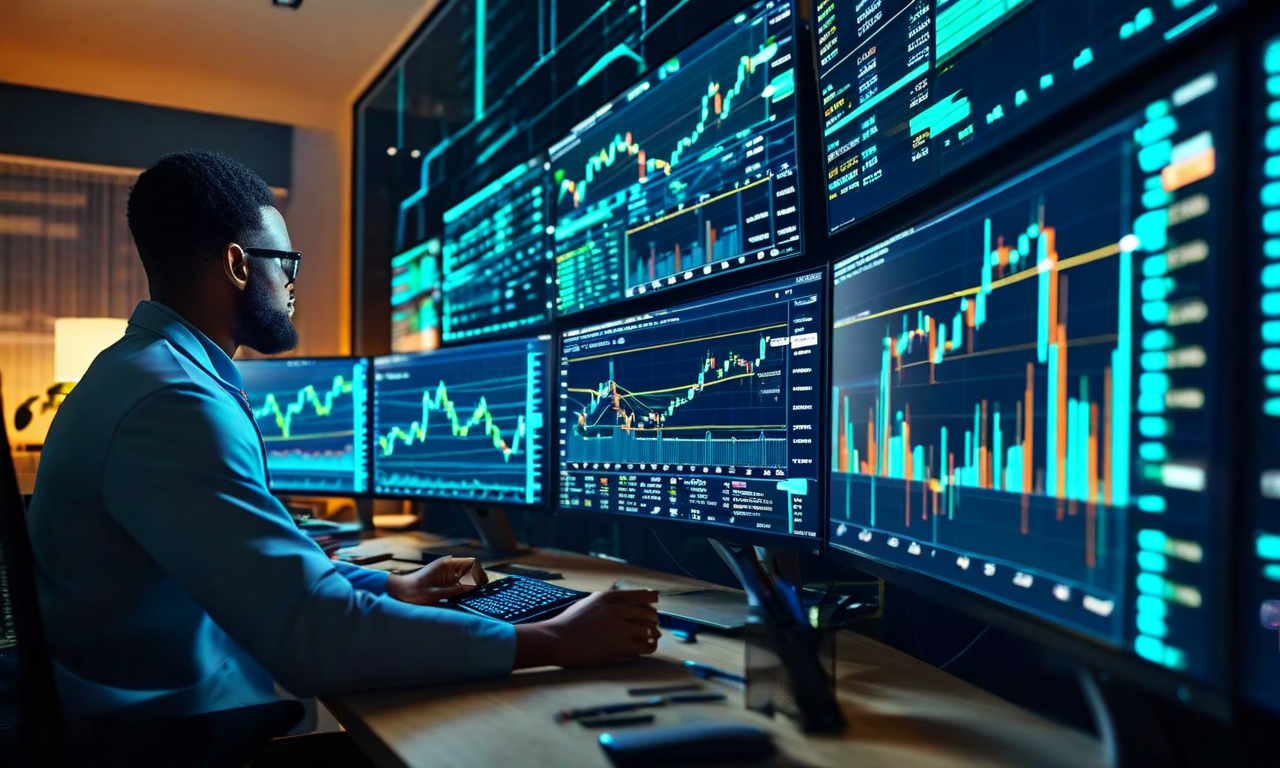 Split-screen image showing a retail trader at a modern home office with multiple trading monitors on the left, merging with abstract visualization of cloud computing and AI neural networks on the right, representing the convergence of accessible technology and algorithmic trading