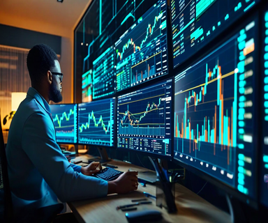 Split-screen image showing a retail trader at a modern home office with multiple trading monitors on the left, merging with abstract visualization of cloud computing and AI neural networks on the right, representing the convergence of accessible technology and algorithmic trading