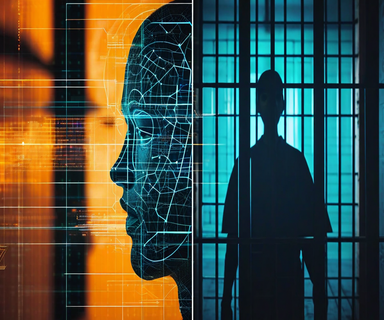Split composition showing facial recognition scanning interface with geometric patterns on one side and a silhouetted figure behind bars on the other, illustrating the human impact of algorithmic misidentification in law enforcement