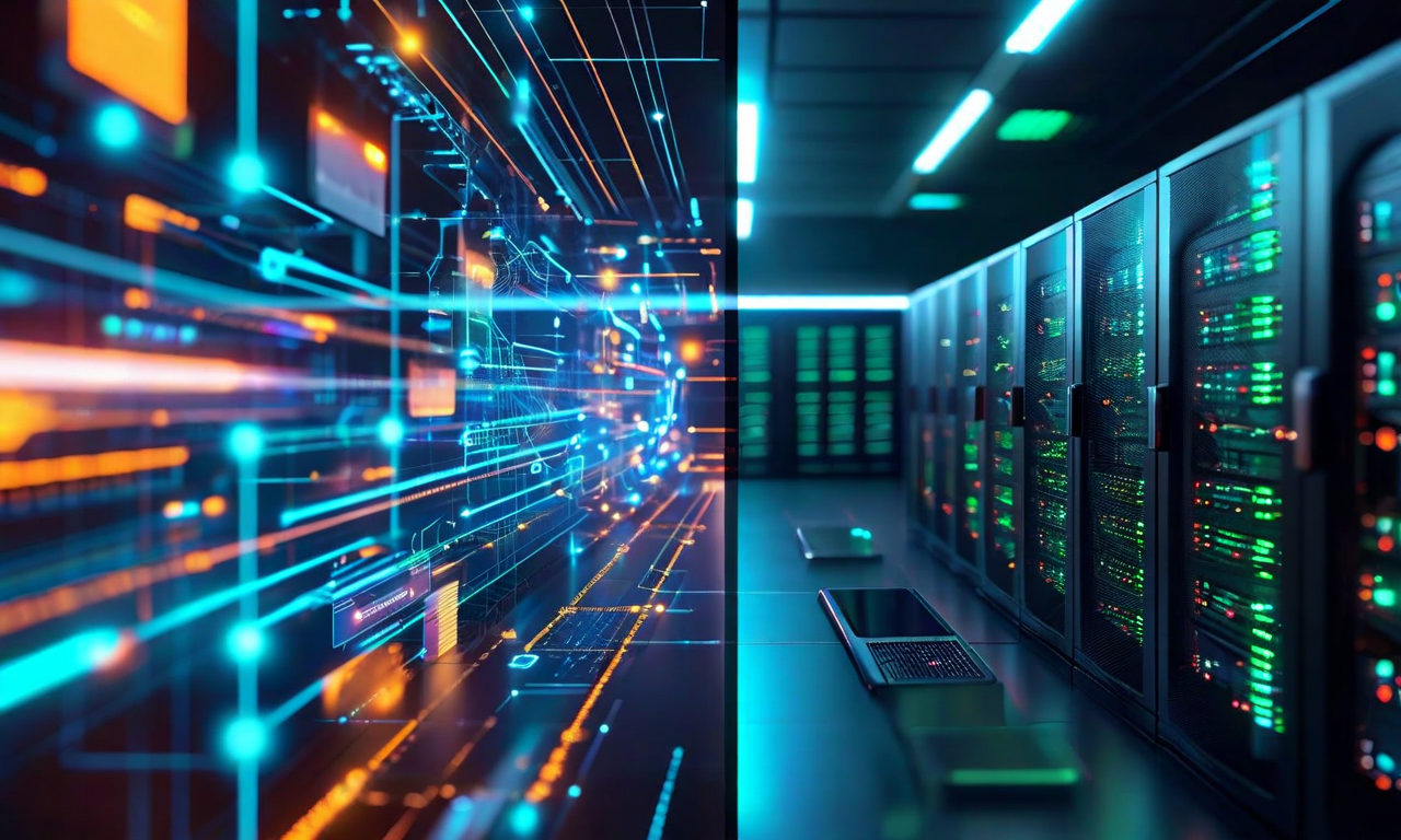 Higgsfield市場ポジショニングの差別化要因を示す比較図。左側はモバイルファースト・エッジ最適化・リアルタイム処理を表現したスマートフォンと分散ノード、高速データフロー。右側はデスクトップ中心の従来型AI動画生成ツールを表現した据え置き型コンピュータと集中型サーバーアーキテクチャ。モバイル側は青緑色で速度と効率性を、デスクトップ側はグレーで対比を表現。