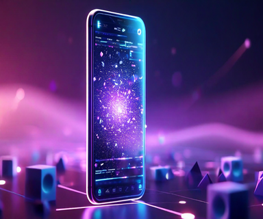 A smartphone with holographic AI-generated video content and light effects emerging from its screen against a purple-blue gradient background with neural network patterns, representing mobile-first AI video generation technology