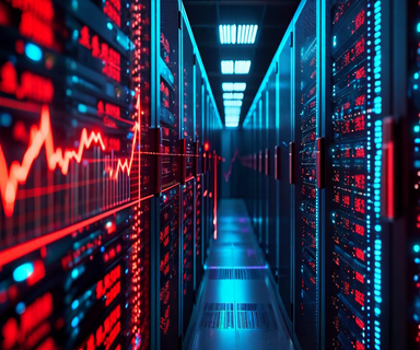 Split illustration showing declining financial charts on the left contrasted with modern AI data center infrastructure on the right, representing Alibaba's profit decline amid increased technology capital expenditure