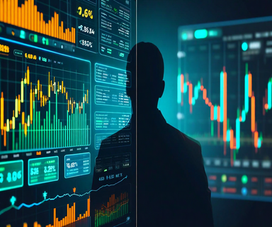 Split composition showing a digital prediction market trading interface with glowing charts on one side and a shadowy figure reviewing classified documents on the other, connected by flowing data streams