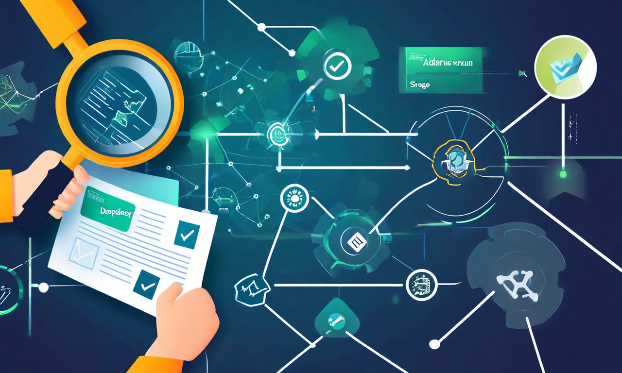 ベンダー集中リスク軽減の4段階実装パターンを示す図。左から順に、第1段階はベンダー監査(監査ドキュメントと確認チェック)、第2段階は依存関係マッピング(相互接続されたノードとネットワーク図)、第3段階は代替案評価(比較チャートと評価マトリックス)、第4段階は移行計画(タイムラインとマイルストーン)を表現。各段階は矢印で順序立てて接続され、進捗インジケーターが上昇している。