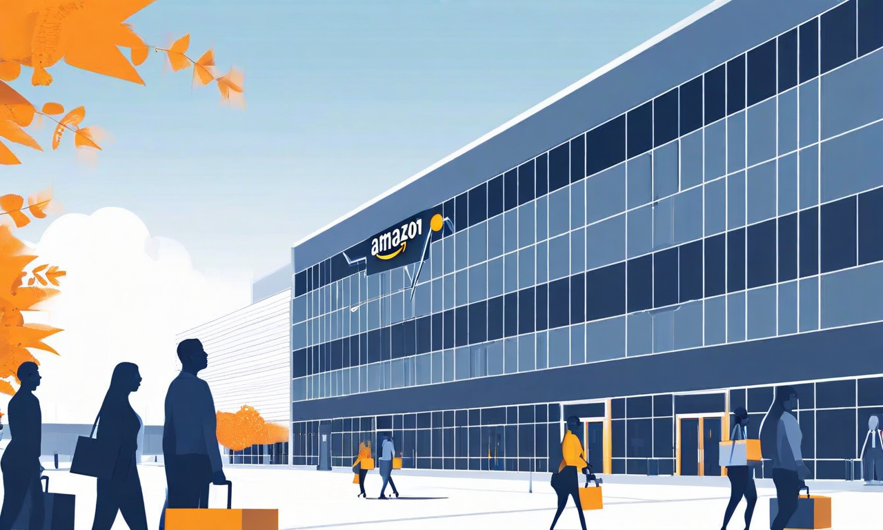 Illustration of an Amazon corporate building with silhouettes of employees departing, representing workforce layoffs and organizational restructuring
