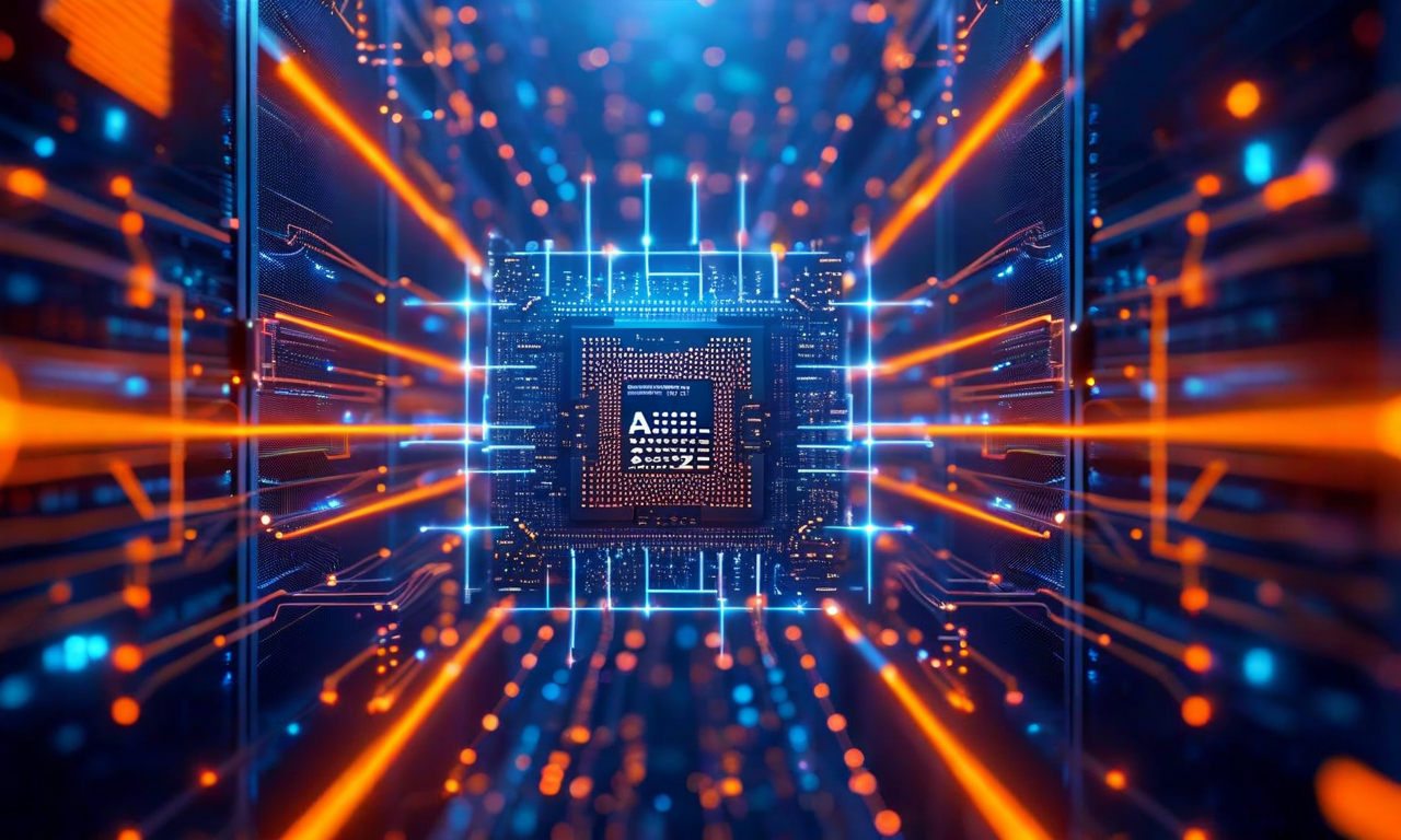 AMD EPYC processor chip with glowing circuit pathways and flowing data streams representing high-performance computing capabilities and memory bandwidth optimization