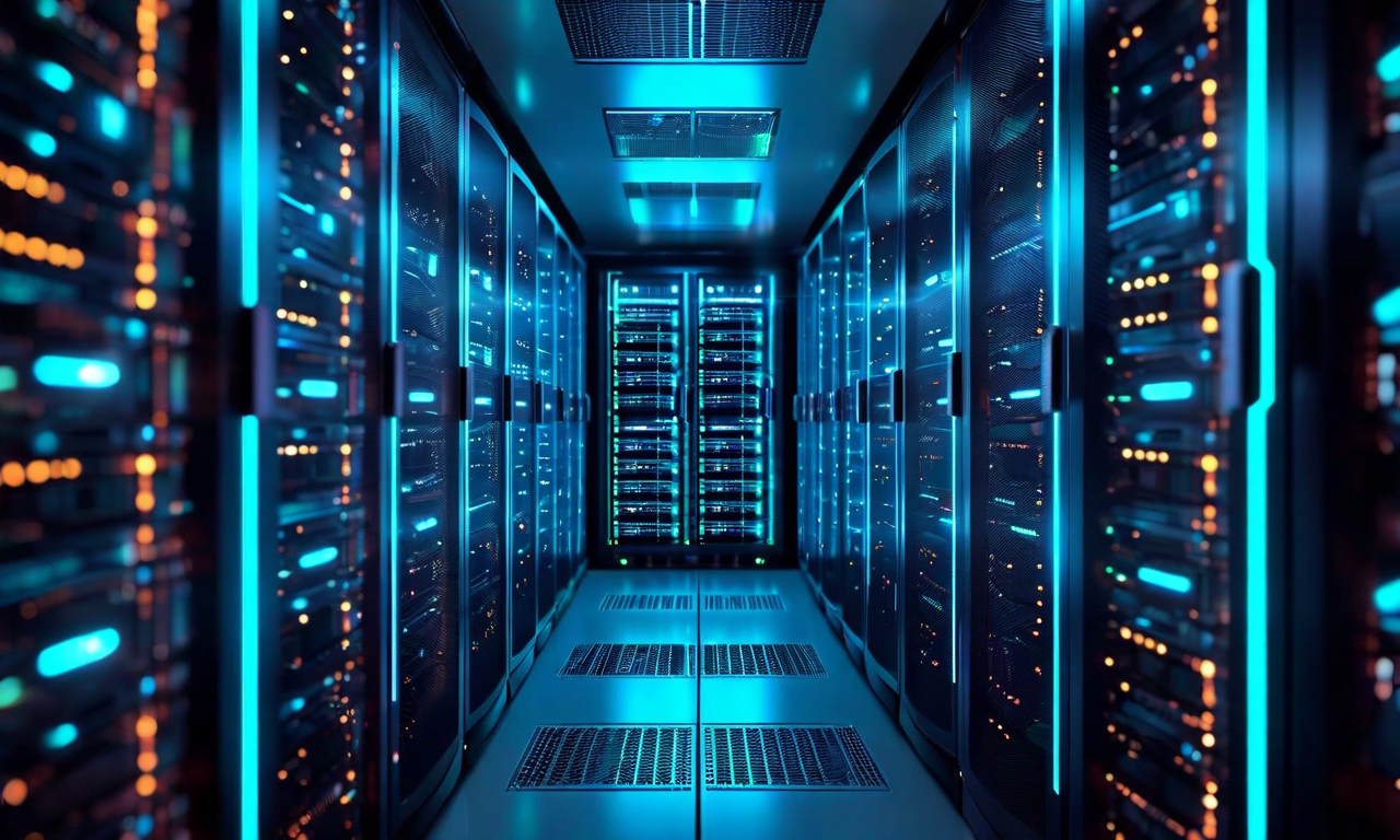 Futuristic illustration of a high-performance server instance surrounded by glowing memory modules and data streams, representing AWS EC2 X8i memory-optimized computing capabilities