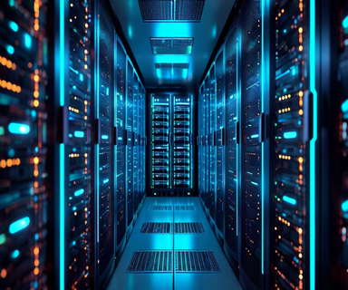 Futuristic illustration of a high-performance server instance surrounded by glowing memory modules and data streams, representing AWS EC2 X8i memory-optimized computing capabilities