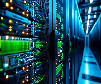 Modern data center interior showing rows of illuminated server racks with close-up view of high-performance GPU chips in the foreground, representing cloud computing infrastructure expansion
