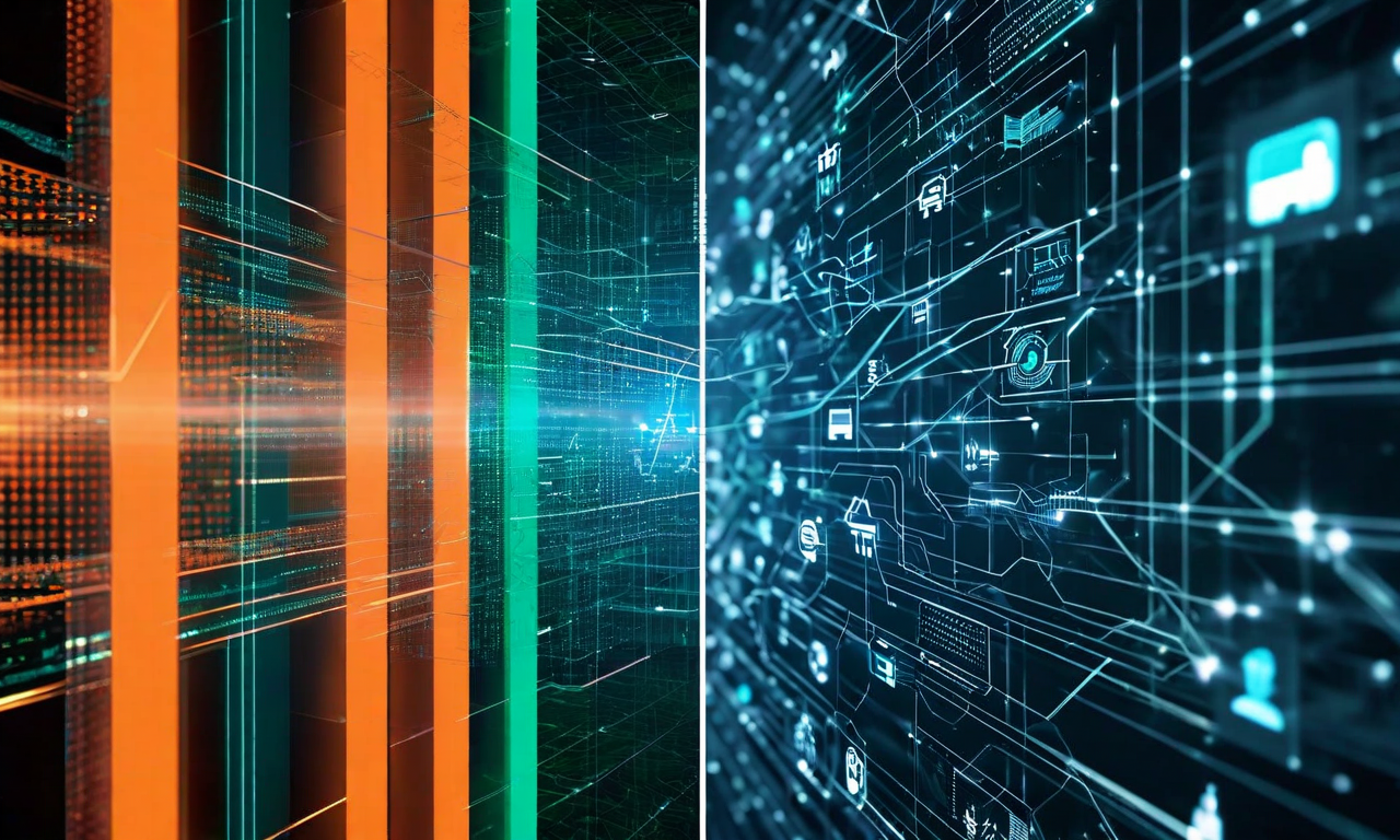 Split composition showing fragmented vertical pillars on the left representing sectoral AI regulation versus a unified grid framework on the right representing horizontal regulation, symbolizing the regulatory choice facing the United States