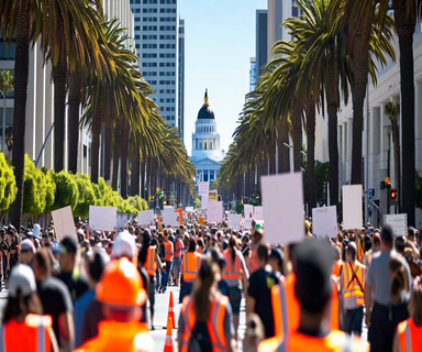 Organized public demonstration with protesters marching down a California city street with marshals, barriers, and civic buildings in the background
