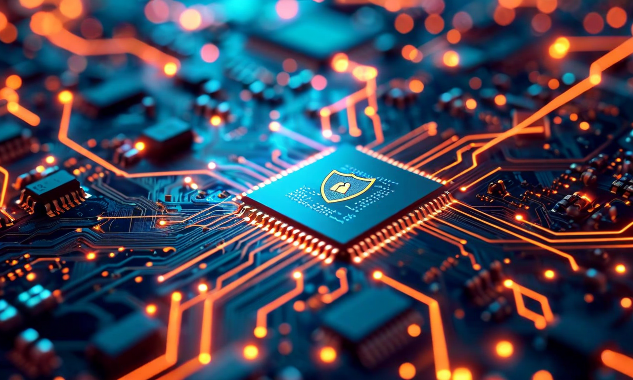 A semiconductor chip surrounded by digital security elements and data streams, with network connections in the background highlighting cybersecurity vulnerabilities in the technology supply chain