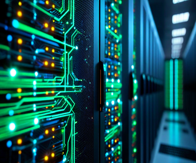 Modern server infrastructure with glowing circuit patterns and flowing data streams representing high-performance GPU computing and AI inference processing