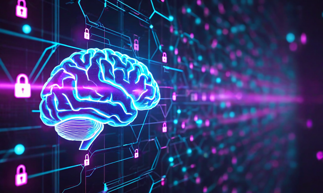 Abstract visualization of AI neural network connections breaking through layered digital security barriers, with glowing nodes penetrating hexagonal firewall structures against a dark technological background