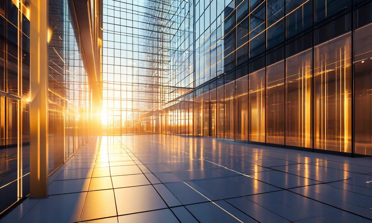 Modern glass office building with abstract AI neural network shapes and ascending graph elements, representing high-stakes corporate valuation and strategic decision-making in the artificial intelligence industry