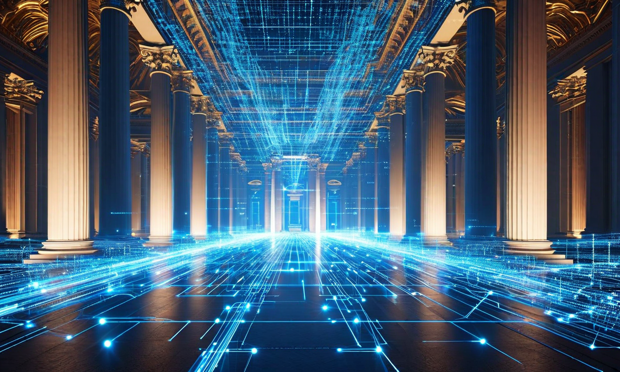 Abstract visualization showing AI neural networks merging with classical Vatican architectural elements, representing the intersection of artificial intelligence technology and traditional religious institutional authority